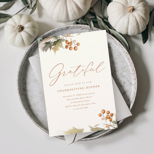 Invitación Magnética Rústica cena de Acción de Gracias verde deja folla (An elegant rustic thanksgiving dinner magnetic invitation with watercolor foliage and leaves.)