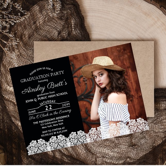 Invitación Magnética Rústica encaje rural | Foto Partido de Graduación (Rustic Country Lace Photo High School Graduation Announcement and Party Invitation - Print | Digital)