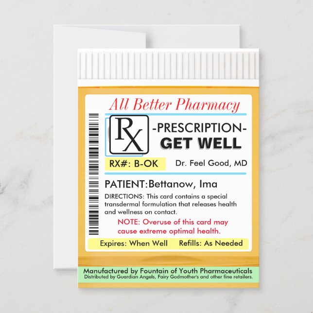Invitación Magnética RX Prescription for Health Get Well Card (Anverso)