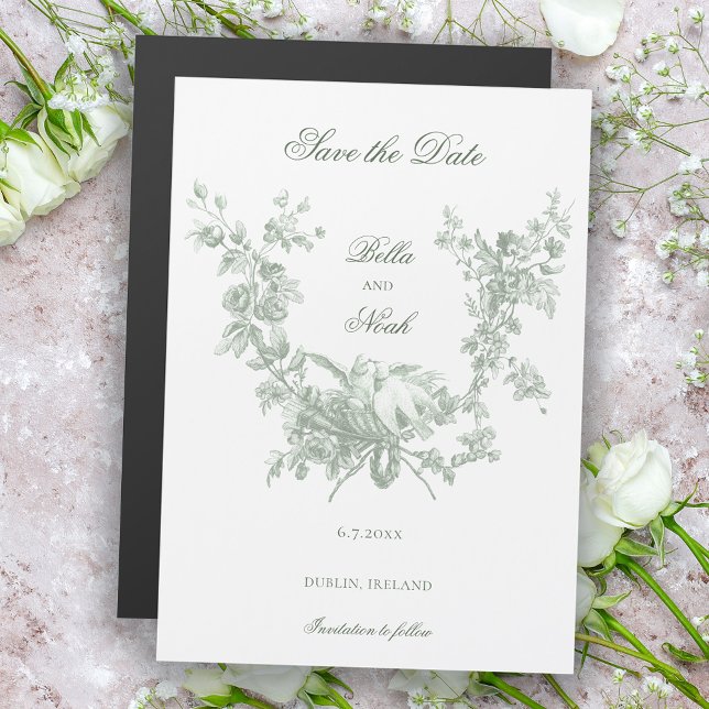 Invitación Magnética Sage Floral Wreath w/Lovebirds Save the Date (Subido por el creador)