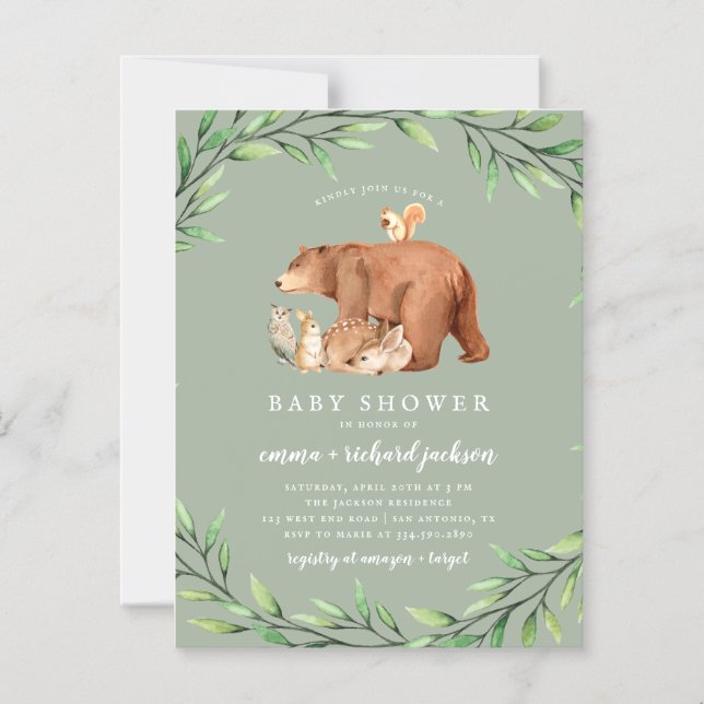 Invitación Magnética Sage Woodland Greenery Forest Animals Baby Shower (Anverso)