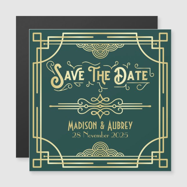 Invitación Magnética Salvar la fecha Art Deco Gatsby Glamour Gold Green (Anverso/Reverso)