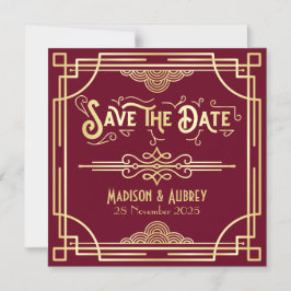 Invitación Magnética Salven la fecha Art Deco Gatsby Gold Burgundy