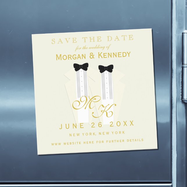 Invitación Magnética Salven la fecha Boda de Tine Groom Bow de Tuxedo (Add your details to this cream tuxedo themed Save the Card Magnetic Card.)