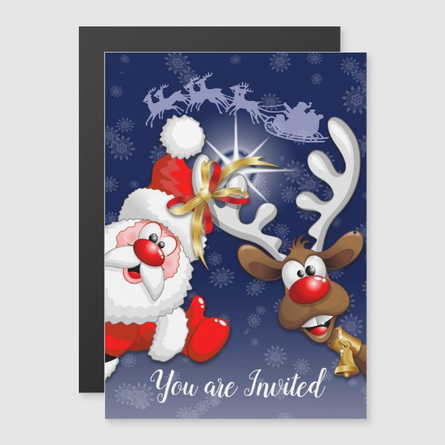 Invitación Magnética Santa y los renos Feliz Personalizado (Anverso/Reverso)