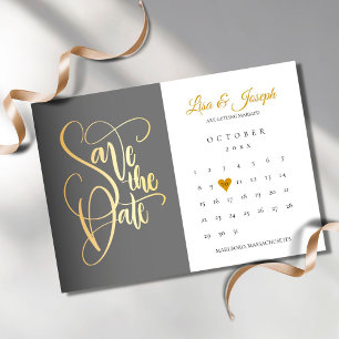 Invitación Magnética Save the Date Calendar Gold Love Heart