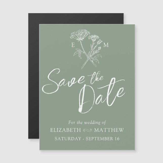 Invitación Magnética Sencillo blanco verde de flores silvestres salva l (Anverso/Reverso)