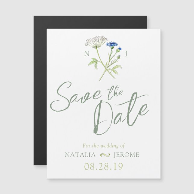 Invitación Magnética Sencillo verde de flores silvestres salva la fecha (Anverso/Reverso)