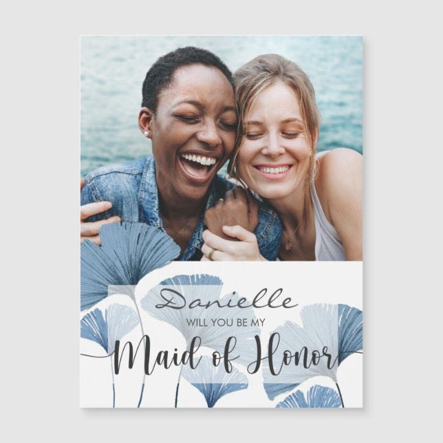 Invitación Magnética ¿Serás mi empleada de honor, foto azul y blanca? (Anverso)