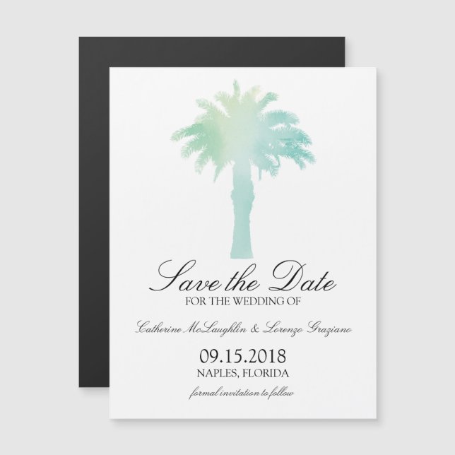 Invitación Magnética Serene Palm Tree Watercolor | Guardar la fecha (Anverso/Reverso)