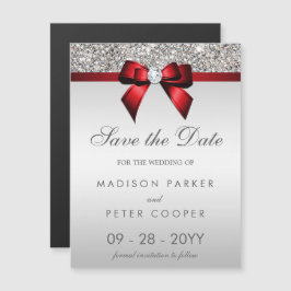 Invitación Magnética Silver Sequins Red Bow Guardar El Boda De Fecha