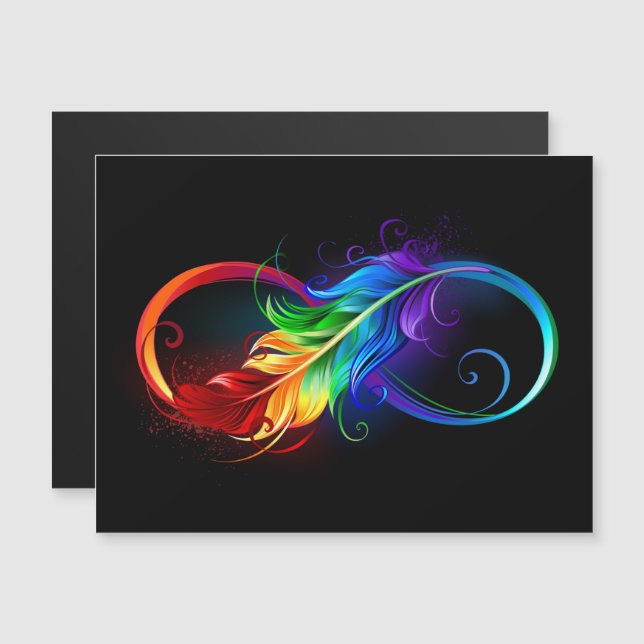 Invitación Magnética Símbolo infinito con plumas arcoiris (Anverso/Reverso)