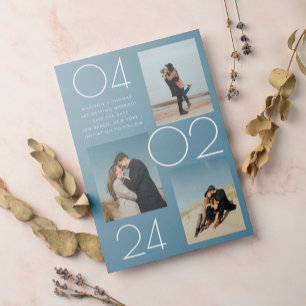 Invitación Magnética Simple Blue 3 Photo Wedding Guardar la fecha