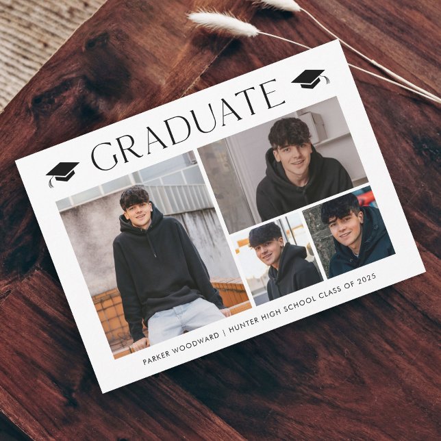 Invitación magnética simple de graduación con 4 fo (Simple photo collage graduation announcement magnetic card.)
