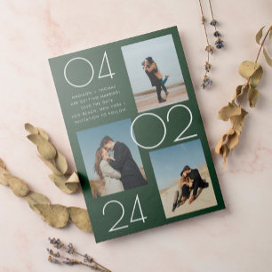 Invitación Magnética Simple Forest Green 3 Photo Wedding Save The Date