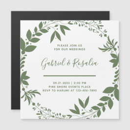 Invitación Magnética Simple White & Olive Green Wreath Elegant Wedding