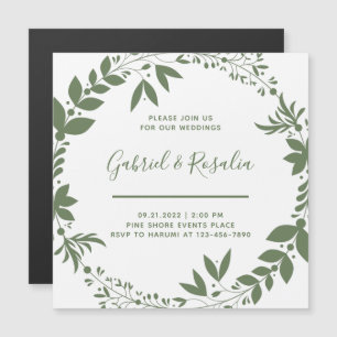 Invitación Magnética Simple White & Olive Green Wreath Elegant Wedding