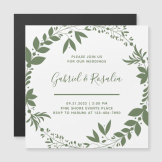 Invitación Magnética Simple White & Olive Green Wreath Elegant Wedding