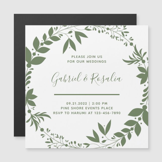 Invitación Magnética Simple White & Olive Green Wreath Elegant Wedding (Anverso/Reverso)