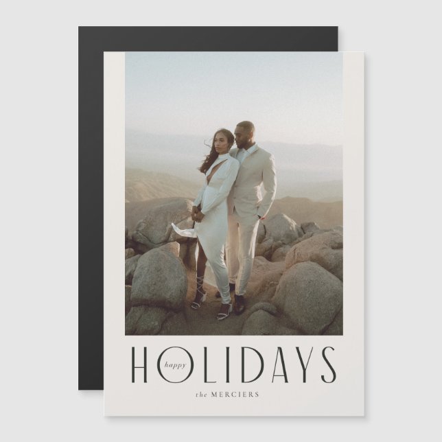Invitación Magnética Sofisticada foto de Cream & Black Happy Holidays (Anverso/Reverso)