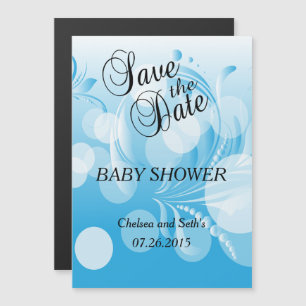 Invitación Magnética Soft Baby Blue Bokeh Florid   Bebé Boy Shower
