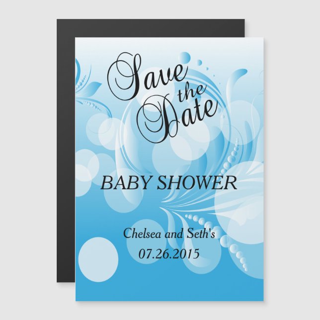 Invitación Magnética Soft Baby Blue Bokeh Florid | Bebé Boy Shower (Anverso/Reverso)