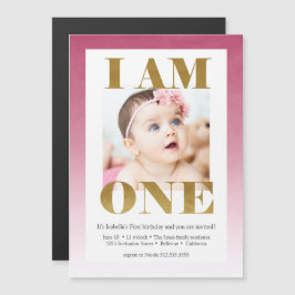Invitación Magnética "SOY UNO" Rosa + Oro Foto Primer cumpleaños