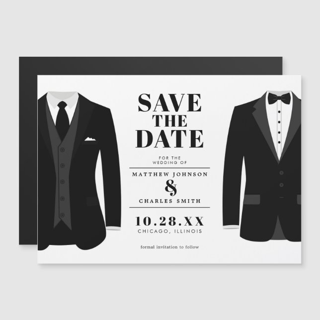 Invitación Magnética Sr. y Sr. Modern Black Boda Tux - Save the Date (Anverso/Reverso)