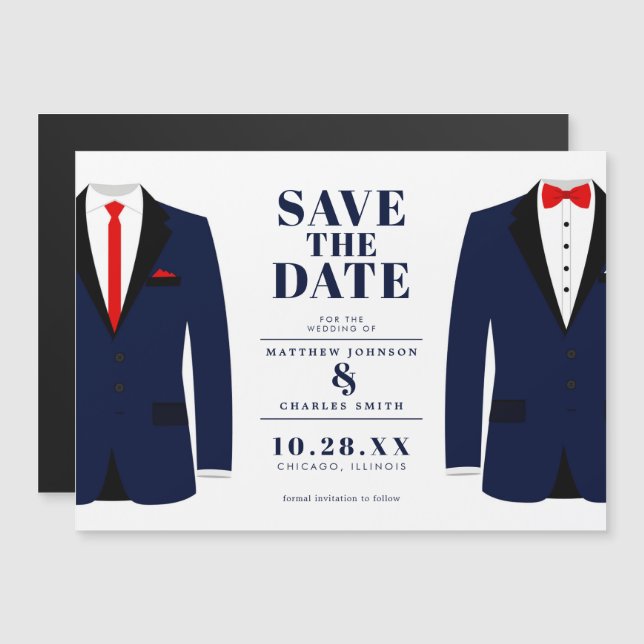 Invitación Magnética Sr. y Sr. Modern Boda Navy Tux - Salven la fecha (Anverso/Reverso)