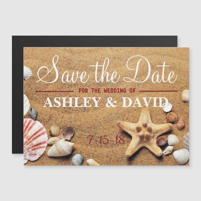 Invitación Magnética Starfish and Shells Save the Date imnet (Anverso/Reverso)