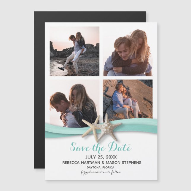 Invitación Magnética Starfish Beach Wedding Multi Photo Guardar La Fech (Anverso/Reverso)