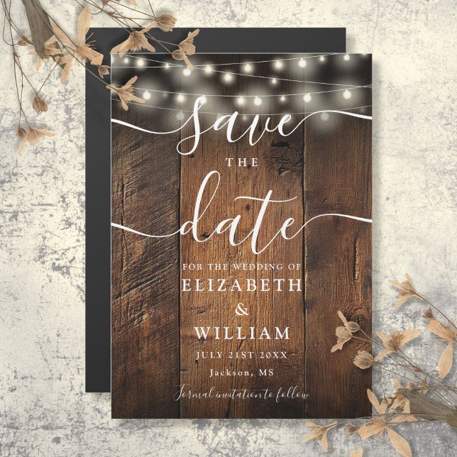 Invitación Magnética String Ilustra Boda De Madera Rústica Salven La Fe (String Lights Rustic Wood Wedding Save The Date Magnetic Invitation)