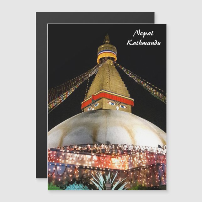 Invitación Magnética Stupa Boudhanath, Katmandú de noche - Nepal (Anverso/Reverso)