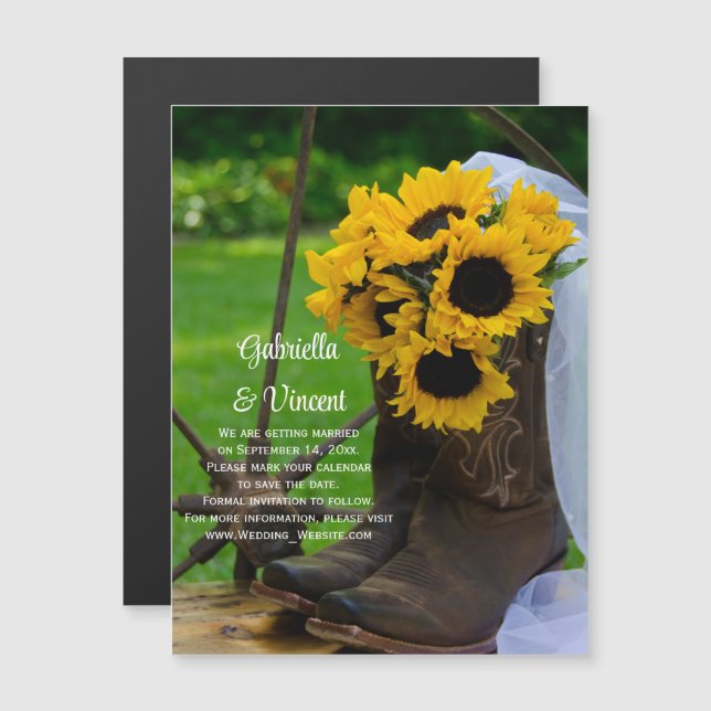 Invitación Magnética Sunflowers and Cowboy Boots Wedding Save the Date (Anverso/Reverso)