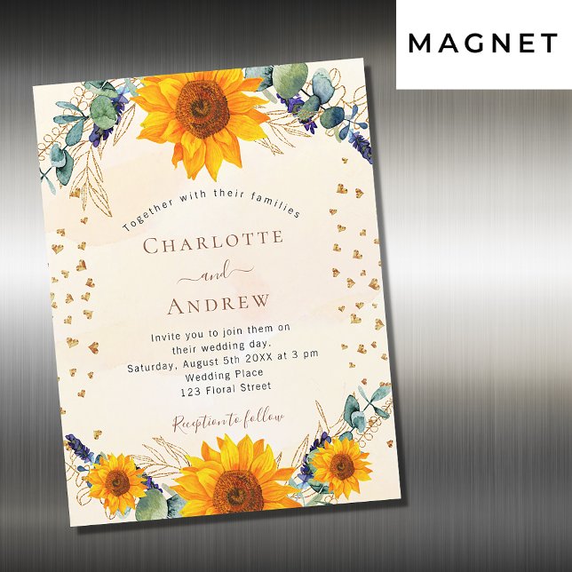 Invitación Magnética Sunflowers eucalipto gold corazones boda de lujo (Subido por el creador)