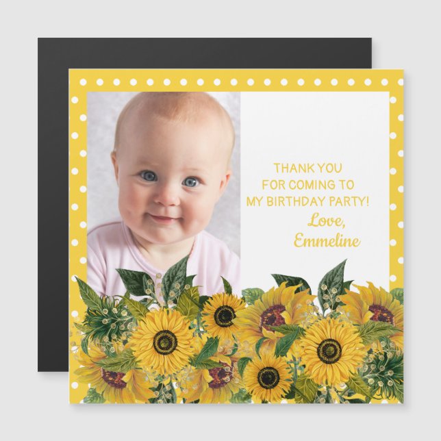 Invitación Magnética Sunflowers Polka Dots Child Birthday Gracias (Anverso/Reverso)