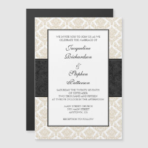 Invitación Magnética Tan Beige Black Damask Magnetic Wedding invita