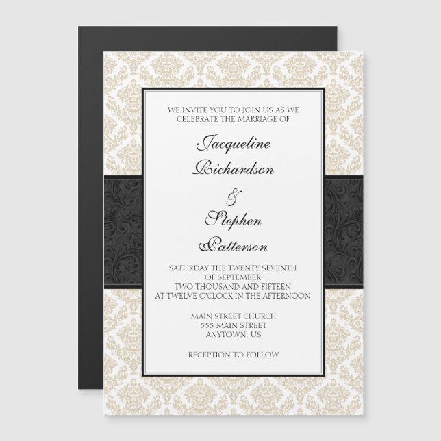 Invitación Magnética Tan Beige Black Damask Magnetic Wedding invita (Anverso/Reverso)
