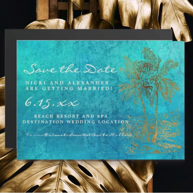 Invitación Magnética Teal Gold Palm Trees Boda Guardar Fecha (Subido por el creador)