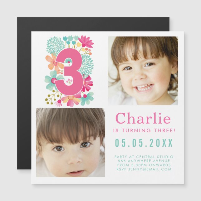 Invitación Magnética Tercer cumpleaños MAGNET Third Three 3rd Foto de f (Anverso/Reverso)