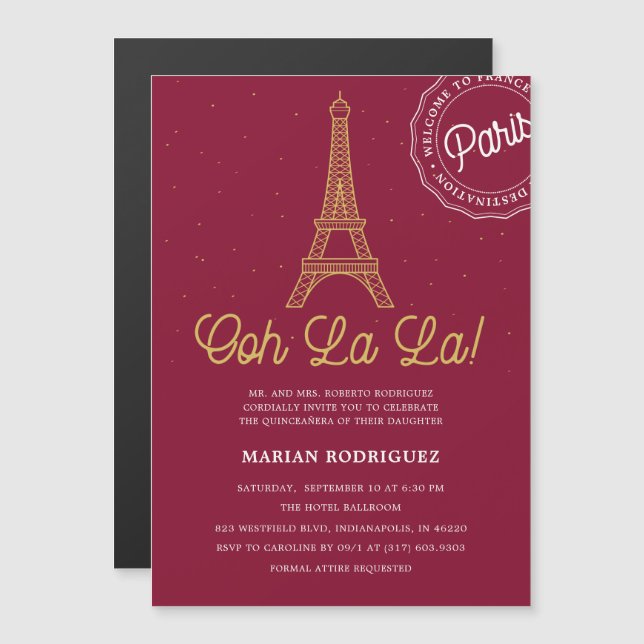 Invitación Magnética Torre Eiffel de Borgoña y Oro Quinceañera (Anverso/Reverso)