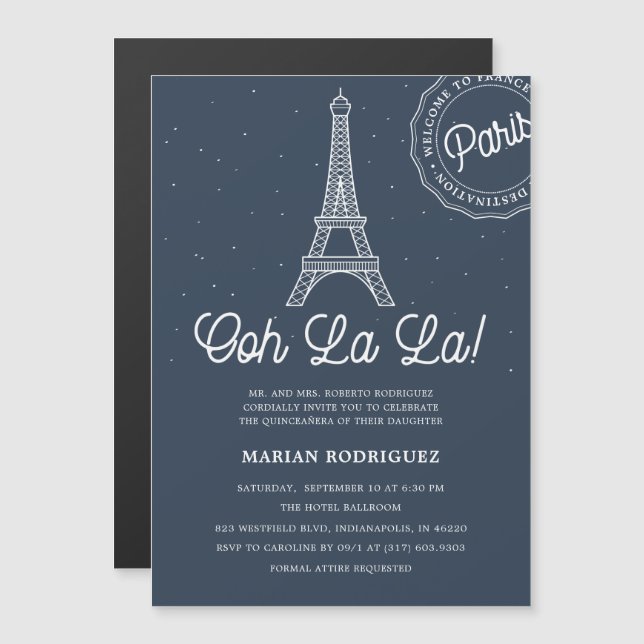 Invitación Magnética Torre Eiffel de Oro y Marina París Quinceañera (Anverso/Reverso)
