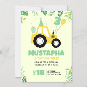 Invitación Magnética Tractor amarillo para cumpleaños de niños de 3 año