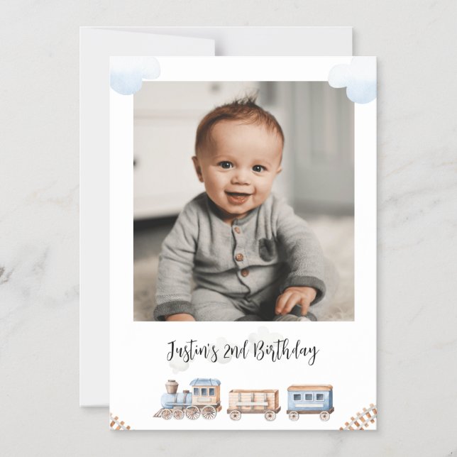 Invitación Magnética Tren Chugga Dos Fotos Saludo De Cumpleaños (Anverso)