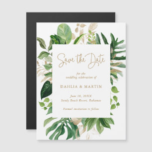 Invitación Magnética Tropical Greenery Gold Moderno Salva la Fecha