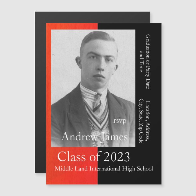 Invitación Magnética Tu foto en rojo y negro - clase de 2023 (Anverso/Reverso)