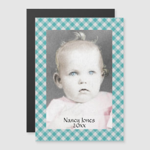Invitación Magnética Tu foto:  Modelo de Cheques de Gingham Verde azula