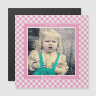 Invitación Magnética Tu foto:  Patrón de cheques de Gingham rosa/blanco