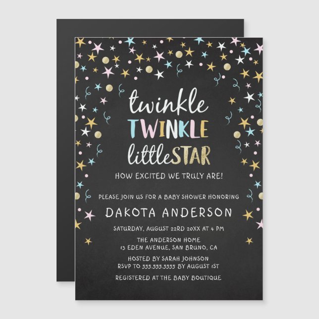 Invitación Magnética Twinkle Little Star Confetti & Chalk Baby Shower (Anverso/Reverso)