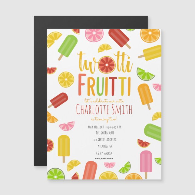 Invitación Magnética Twotti Fruitti Citrus Ice Pops Segundo Cumpleaños (Anverso/Reverso)
